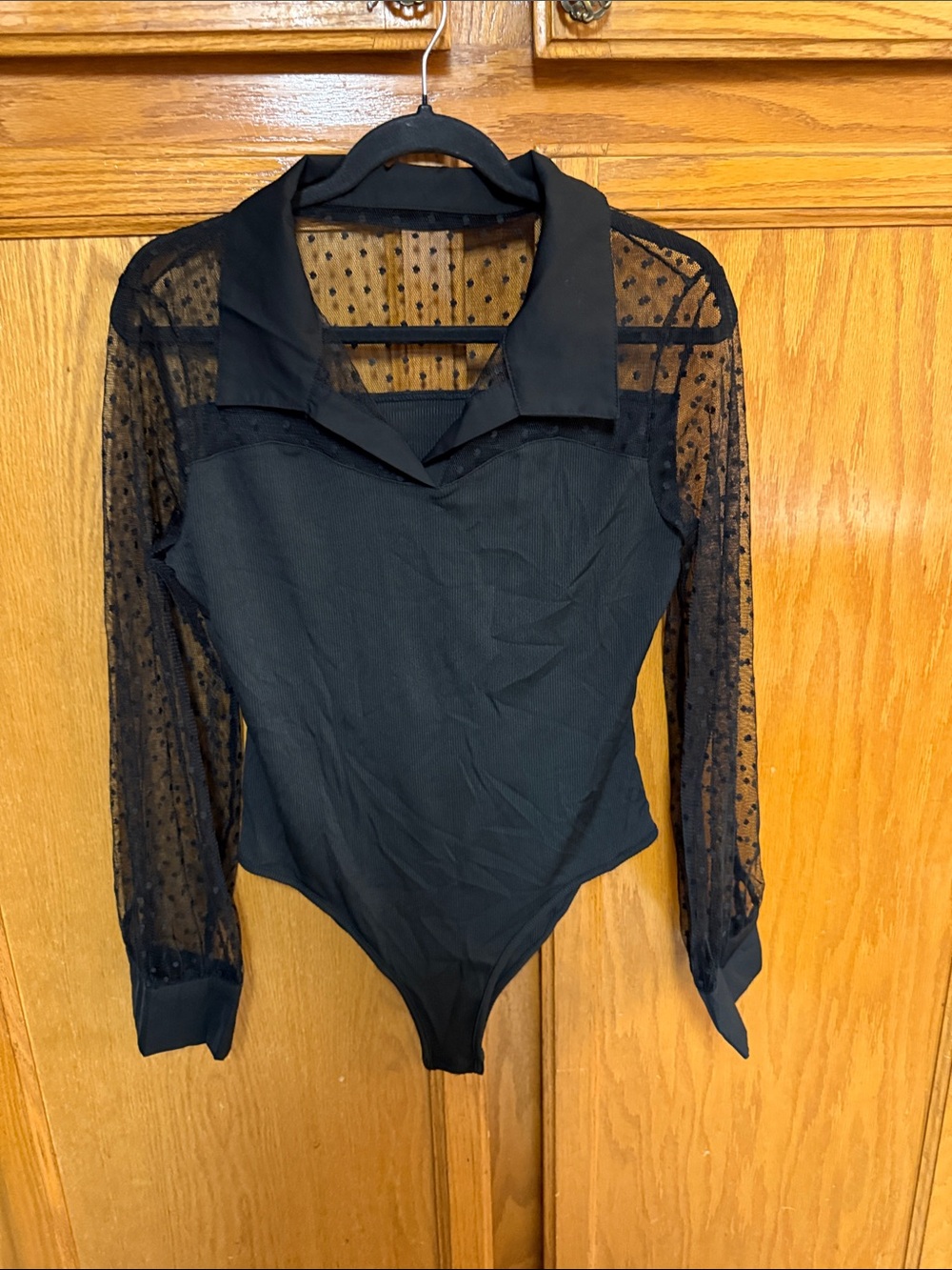 SHEIN Black Sheer Dot Mesh Long-Sleeve Collared Bodysuit